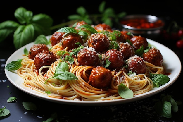 Spaghettis avec des boulettes de viande dans de la sauce marinara