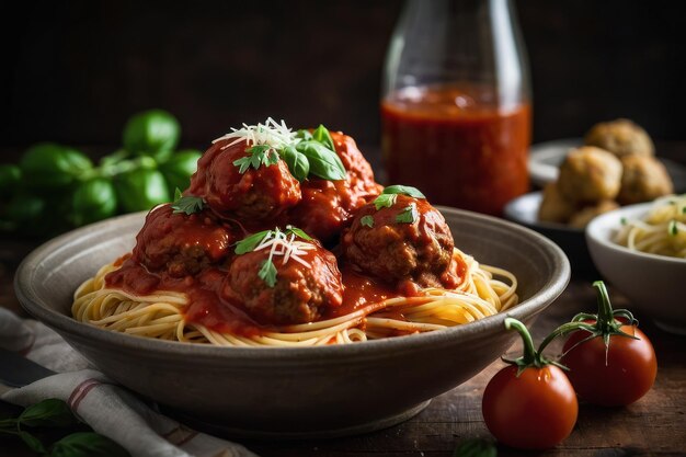 Spaghettis et boulettes de viande sur une table rustique