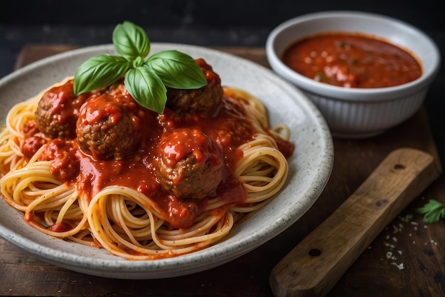 Spaghettis et boulettes de viande sur une table rustique