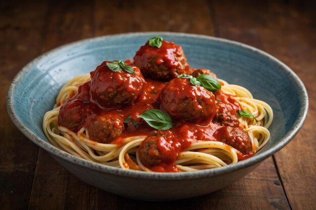 Photo spaghettis et boulettes de viande sur une table rustique