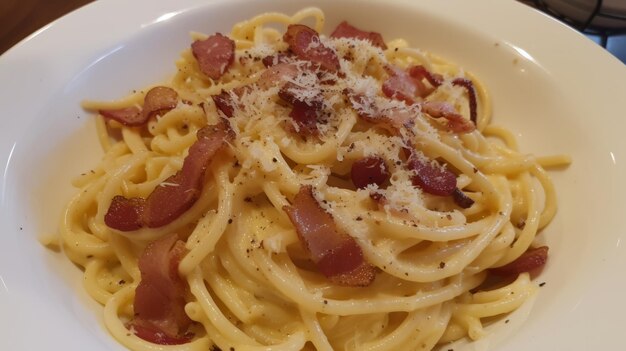 Des spaghettis carbonara avec du bacon délicieux.