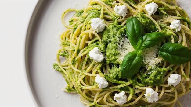 Spaghettis de côté avec des légumes verts et du fromage ricotta dans une assiette blanche ronde