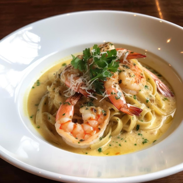 Spaghettis avec des crevettes et du persil dans une assiette blanche