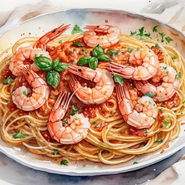 spaghettis avec des crevettes et de la sauce