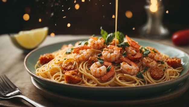 Des spaghettis avec des crevettes.