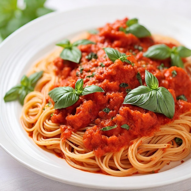 Des spaghettis délicieux avec du basilic frais et une riche sauce tomate servis sur une assiette