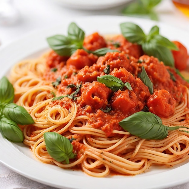 Des spaghettis délicieux avec du basilic frais et une riche sauce tomate servis sur une assiette