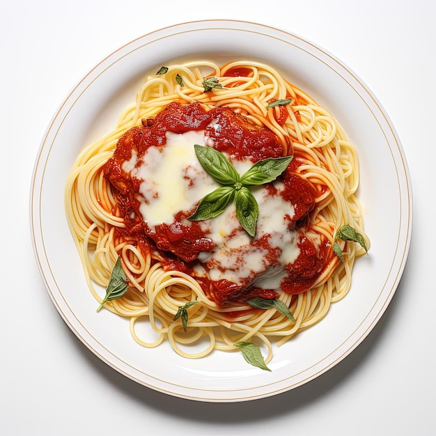 spaghettis avec du poulet parmigiana sur une assiette dans le style de la photographie aérienne