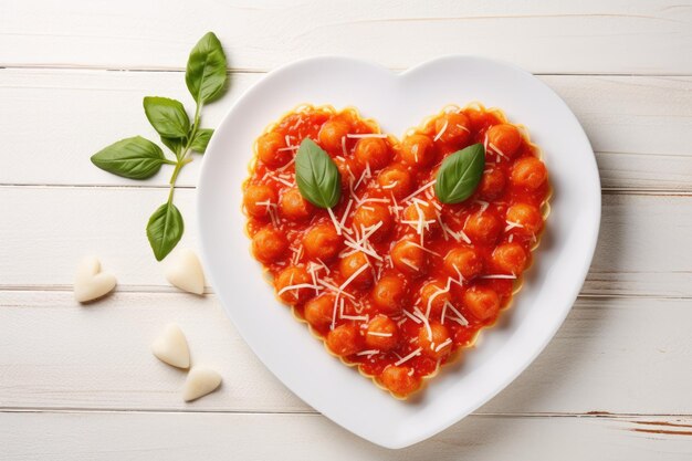 Spaghettis en forme de cœur avec sauce tomate et fromages parmesan sur assiette blanche pour la Saint-Valentin