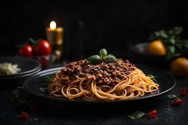 Des spaghettis italiens classiques savoureux et appétissants avec sauce tomate, fromage parmesan et basilic sur plaque