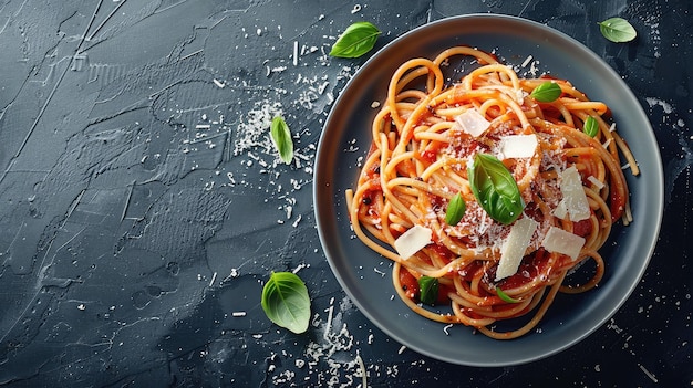 Des spaghettis italiens classiques savoureux avec sauce tomate, fromage parmesan et basilic sur une assiette sur une table sombre.