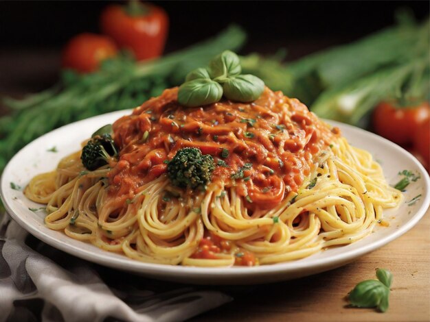 Des spaghettis et des légumes photographiés