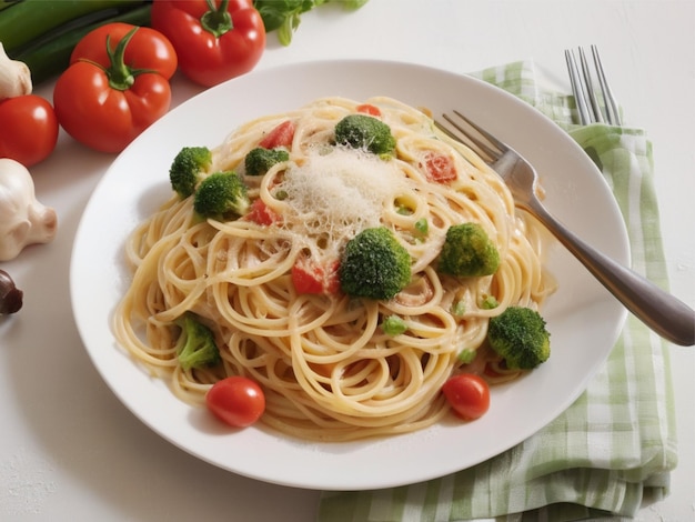 Des spaghettis et des légumes photographiés