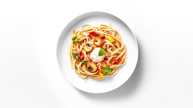 Photo des spaghettis ornés de tomates fraîches élégamment présentés dans une assiette blanche