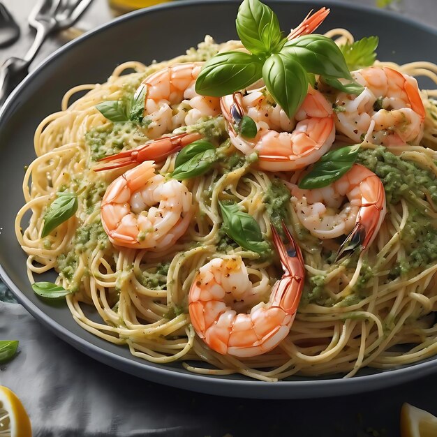 Spaghettis avec pesto et crevettes servis sur assiette