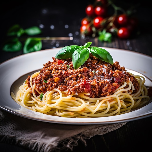 Spaghettis avec sauce bolognaise sur assiette blanche