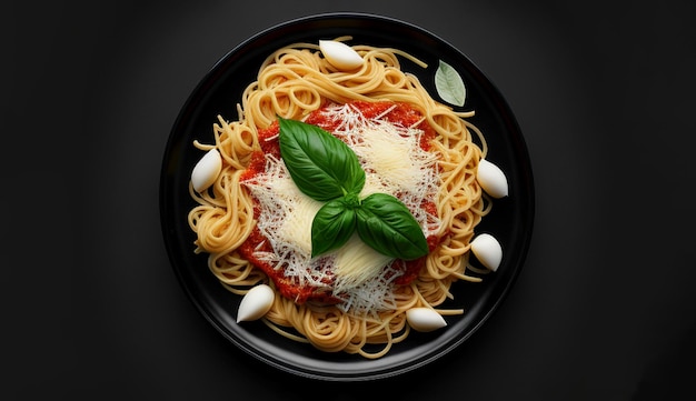 spaghettis à la sauce tomate. Vue de dessus