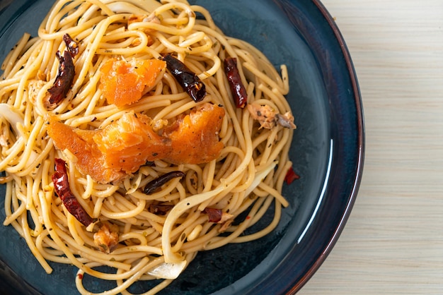 Photo spaghettis sautés au saumon et piments séchés
