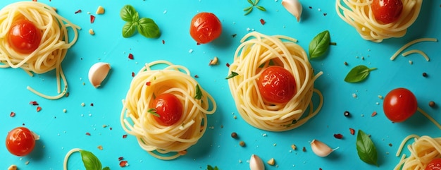 Spaghettis avec tomates et basilic sur surface bleue