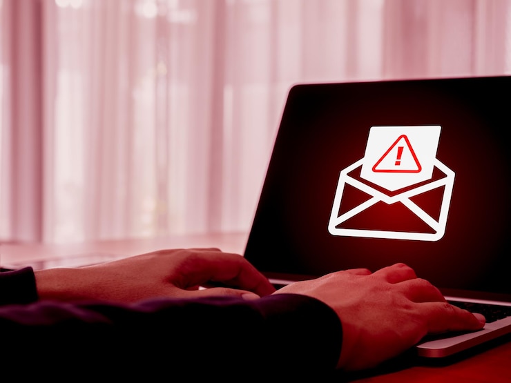 Photo spam sms faux message texte phishing concept d'escroc icon d'alerte d'avertissement dans l'enveloppe ouverte e-mail piraté malware d'escroquerie répandant un virus sur l'écran de l'ordinateur portable pendant que l'homme vérifie le courrier électronique sur le site web
