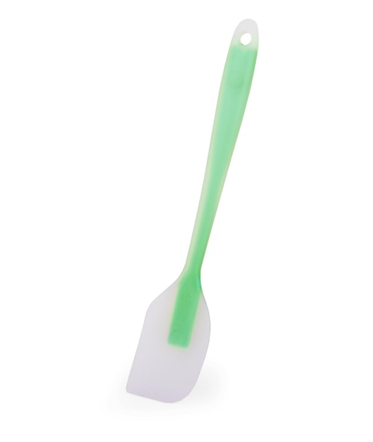 Spatule en silicone avec manche en bois sur fond blanc