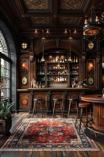 Un speakeasy classique avec des portes cachées et des panneaux en bois foncé.