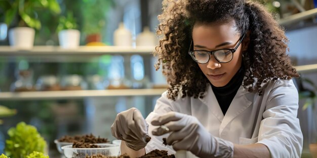 Photo une spécialiste de l'agriculture effectue des tests de sol dans une ferme et examine les organismes du sol dans son laboratoire personnel.