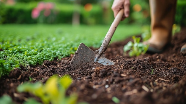 Un spécialiste du jardinage caucasien gratte le sol en préparation de l'installation d'un gazon d'herbe naturelle Thème d'aménagement paysager