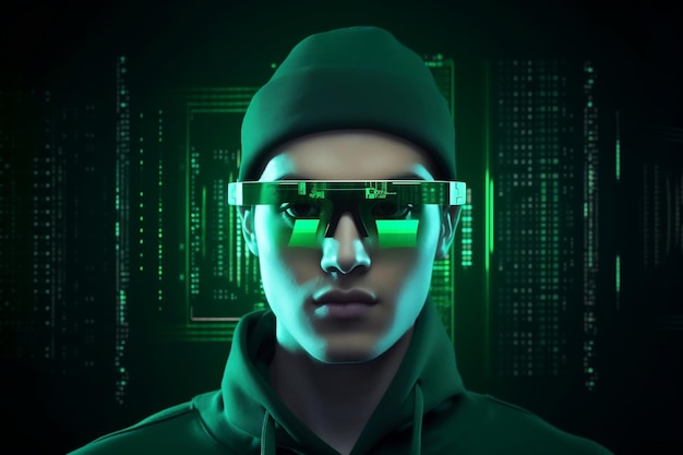Spécialiste en informatique avec lunettes intelligentes et IA générative à matrice verte du cyberespace