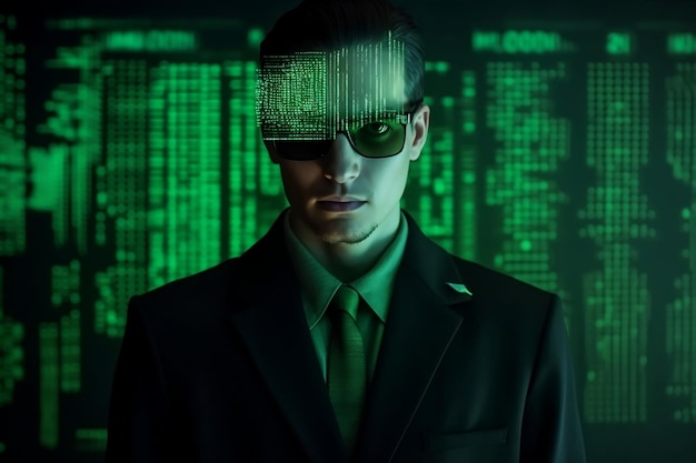 Spécialiste en informatique avec lunettes intelligentes et IA générative à matrice verte du cyberespace