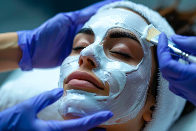 Spécialiste des soins de la peau améliorant la beauté avec un traitement de masque de feuille au salon de spa