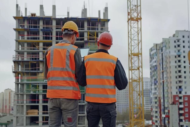 Les spécialistes inspectent le chantier avec l'ingénieur civil et l'investisseur