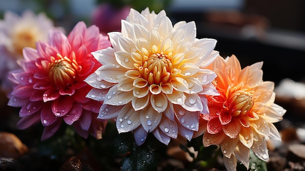 Photo spécimen de fleur de dhalia bicolore rose et jaune dans le jardin en été