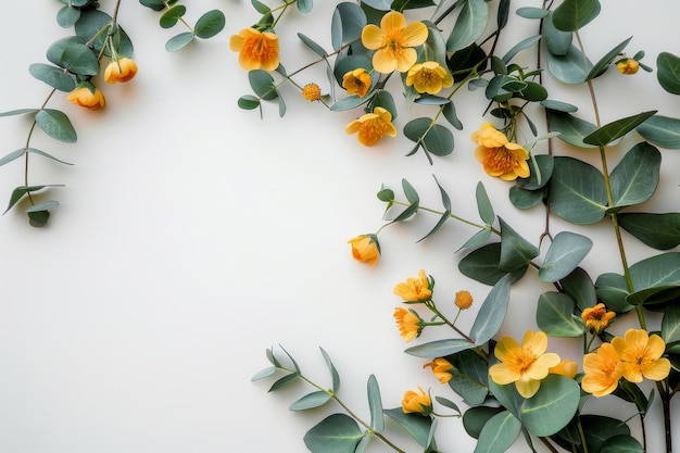 Un spectacle animé de fleurs d'orange et de verdure luxuriante crée une ambiance joyeuse sur un fond vierge