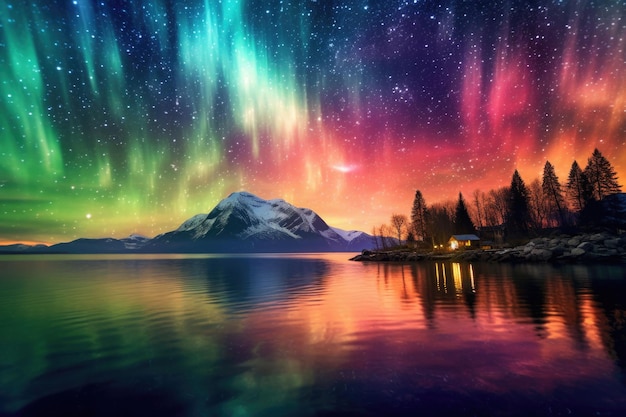 Spectacle d'aurores boréales époustouflantes dans le ciel nocturne Lumière boréale colorée AI générative