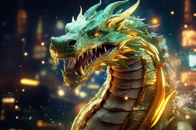 Un spectacle capricieux d'un dragon vert entouré de pièces d'or Le dragon est un ajout amusant et festif à toute célébration de vacances