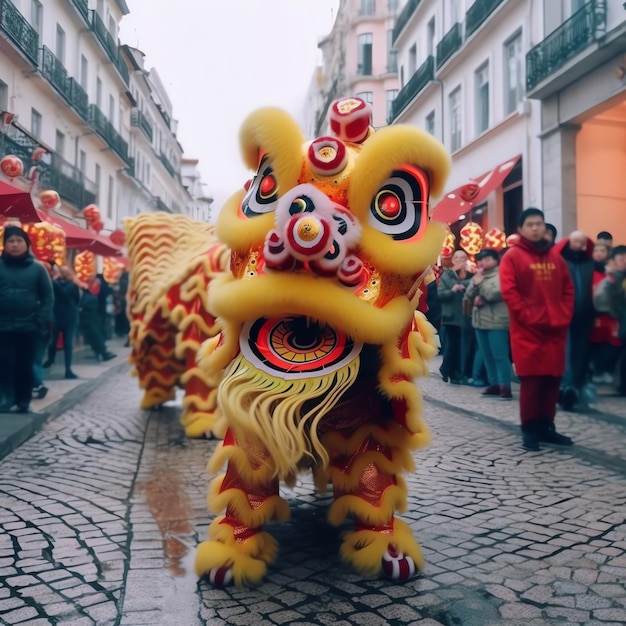 Spectacle de danse du dragon ou du lion barongsai en célébration du festival du nouvel an lunaire chinois traditionnel asiatique