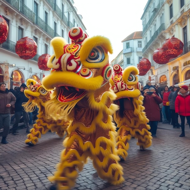 Photo spectacle de danse du dragon ou du lion barongsai en célébration du festival du nouvel an lunaire chinois traditionnel asiatique