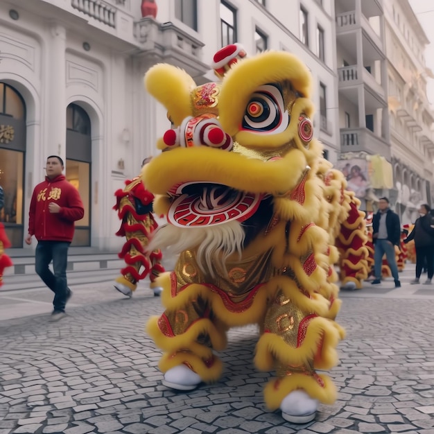 Spectacle de danse du dragon ou du lion barongsai en célébration du festival du nouvel an lunaire chinois traditionnel asiatique