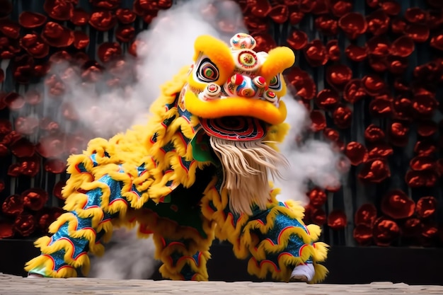 Spectacle de danse du dragon ou du lion barongsai en célébration du festival du nouvel an lunaire chinois traditionnel asiatique