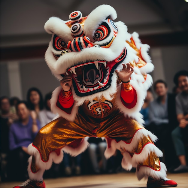 Spectacle de danse du dragon ou du lion barongsai en célébration du festival du nouvel an lunaire chinois traditionnel asiatique