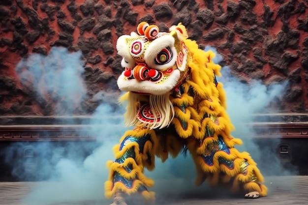 Photo spectacle de danse du dragon ou du lion barongsai en célébration du festival du nouvel an lunaire chinois traditionnel asiatique