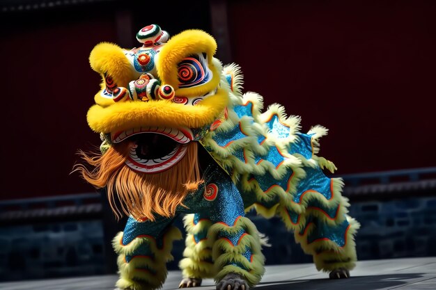 Spectacle de danse du dragon ou du lion barongsai en célébration du festival du nouvel an lunaire chinois traditionnel asiatique