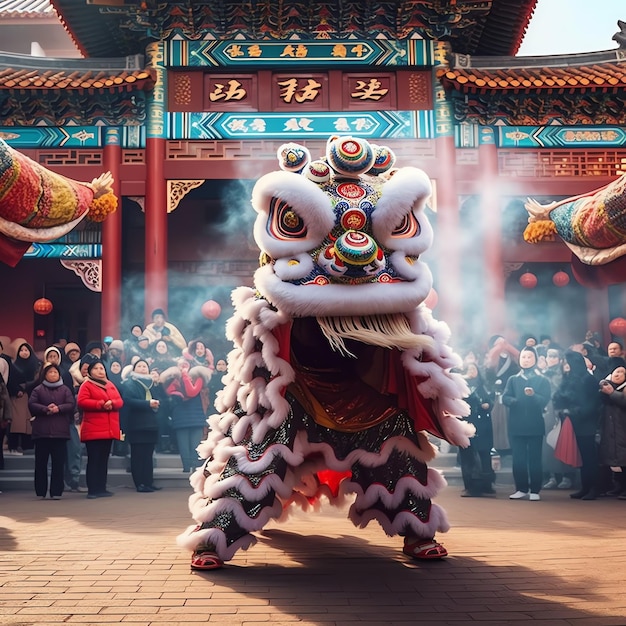 Spectacle de danse du dragon ou du lion barongsai en célébration du festival du nouvel an lunaire chinois traditionnel asiatique