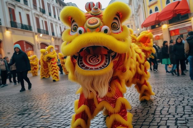 Photo spectacle de danse du dragon ou du lion barongsai dans la célébration du nouvel an lunaire chinois festival traditionnel asiatique