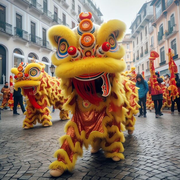 Photo spectacle de danse du dragon ou du lion barongsai dans la célébration du nouvel an lunaire chinois festival traditionnel asiatique