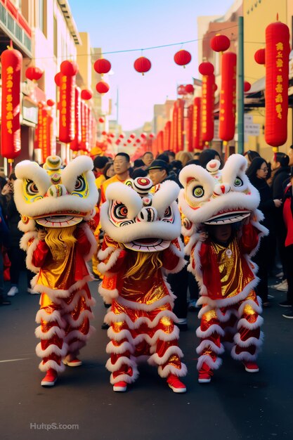 Photo spectacle de danse du dragon ou du lion barongsai dans la célébration du nouvel an lunaire chinois festival traditionnel asiatique