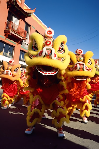 Photo spectacle de danse du dragon ou du lion barongsai dans la célébration du nouvel an lunaire chinois festival traditionnel asiatique