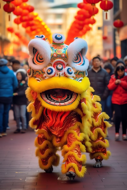 Photo spectacle de danse du dragon ou du lion barongsai dans la célébration du nouvel an lunaire chinois festival traditionnel asiatique