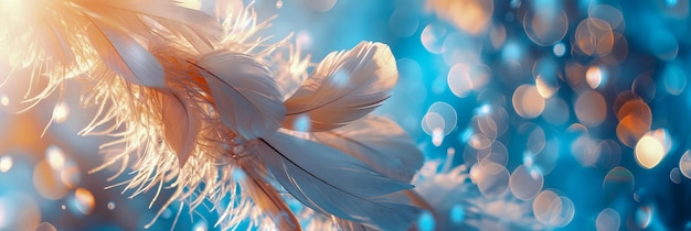 Un spectacle fascinant de plumes délicates flottant dans une danse mystique soulignée par une douce lumière bokeh sur un fond bleu serein